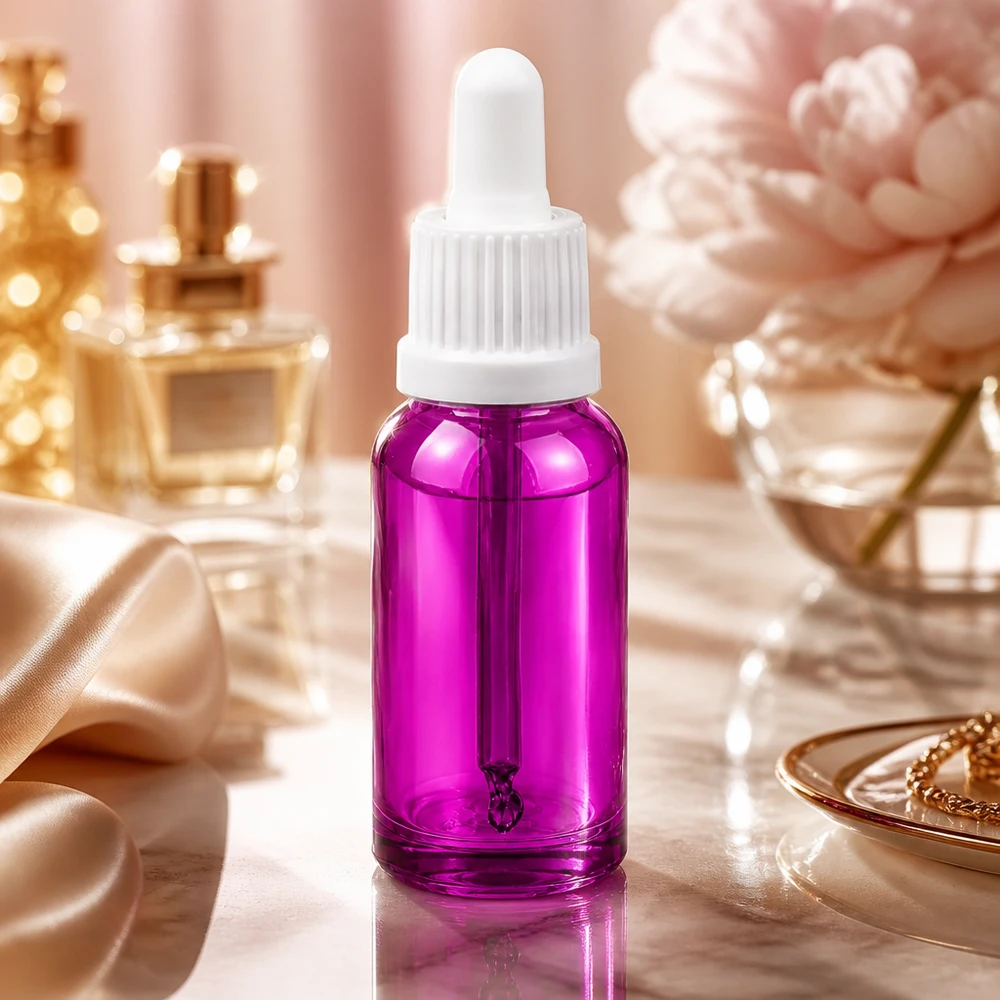 20 ml pipetteflaske hvid Originality skruelåg PurpleLine UT18/20 Højkvalitets pipetteflaske 20 ml lavet af violet glas med hvid OV-hætte til serum