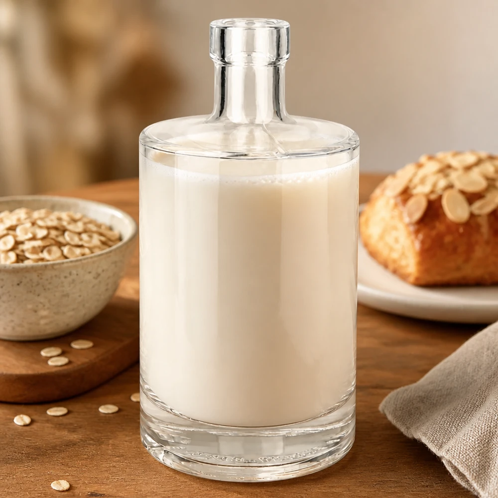 500 ml glasflaske »Marie« uden låg UNiTWIST® 500 ml glasflaske Marie fyldt med havremælk sammen med havreflager og brød viser alsidighed for mælkealternativer