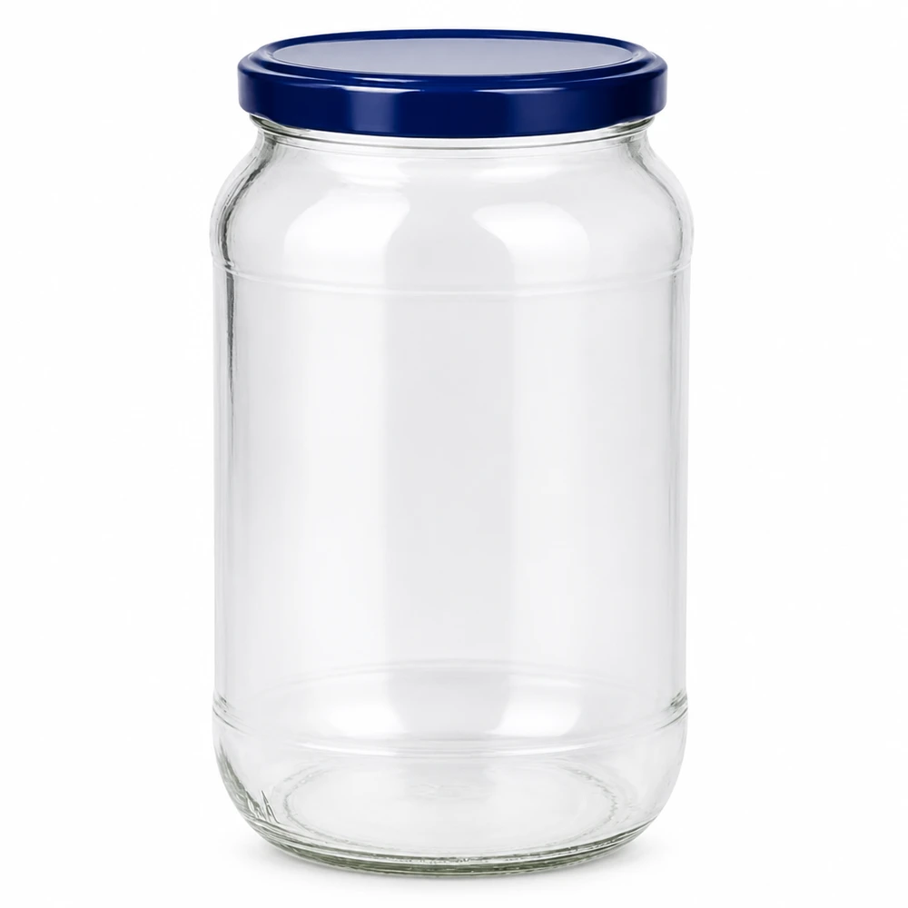 1062 ml rund krukke + BasicSeal-låg blå UNiTWIST 1062 ml rundt syltetøjsglas med blåt BasicSeal-låg UNiTWIST tomt gennemsigtigt opbevaringsglas