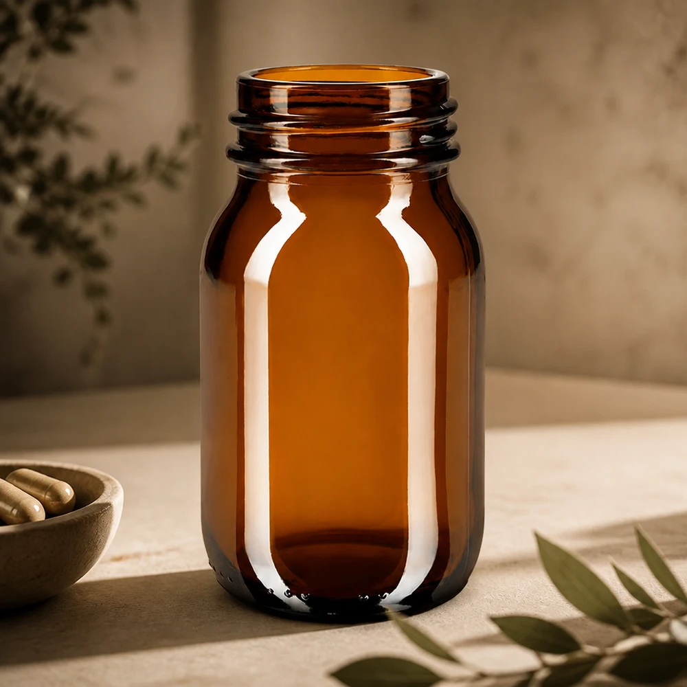 100 ml flaske med bred hals i ravfarvet glas 100 ml ravfarvet glasflaske af høj kvalitet med robust skruelåg til sikker opbevaring