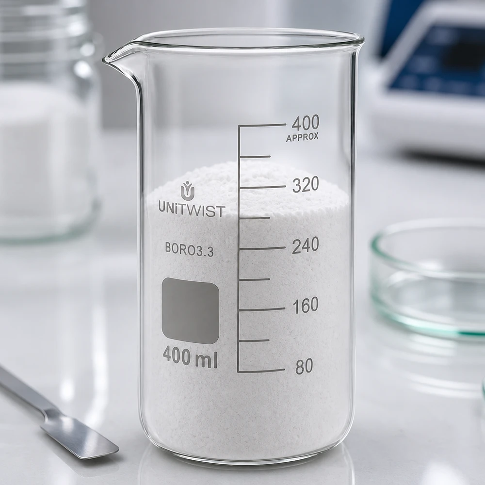 Bægerglas 400 ml borosilikat, høj form UNITWIST 400 ml høj bægerglas fyldt med hvidt pulver på laboratoriebordet UNITWIST borosilikat