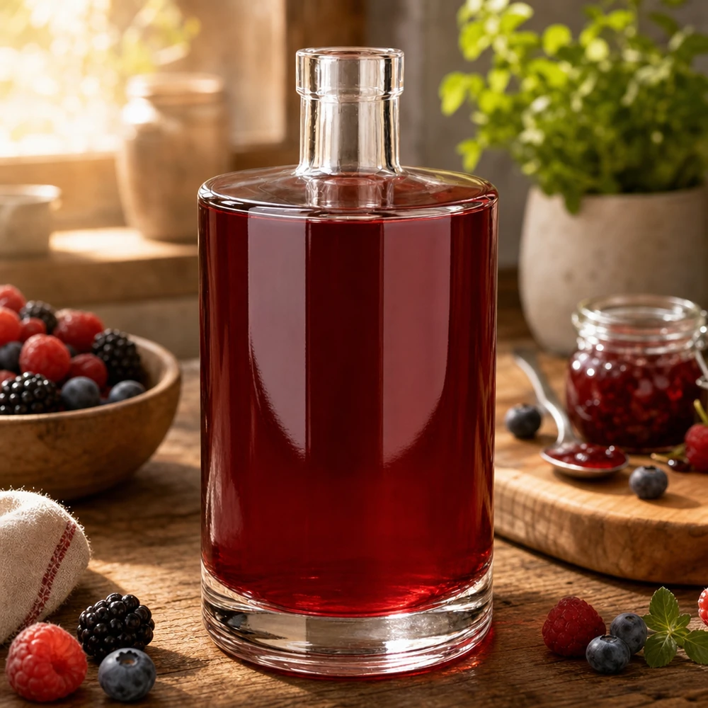 700 ml glasflaske Marie uden låg UNiTWIST® 700ml Glasflasche Marie mit rötlichem Beerensaft befüllt umgeben von frischen Beeren auf rustikalem Holztisch
