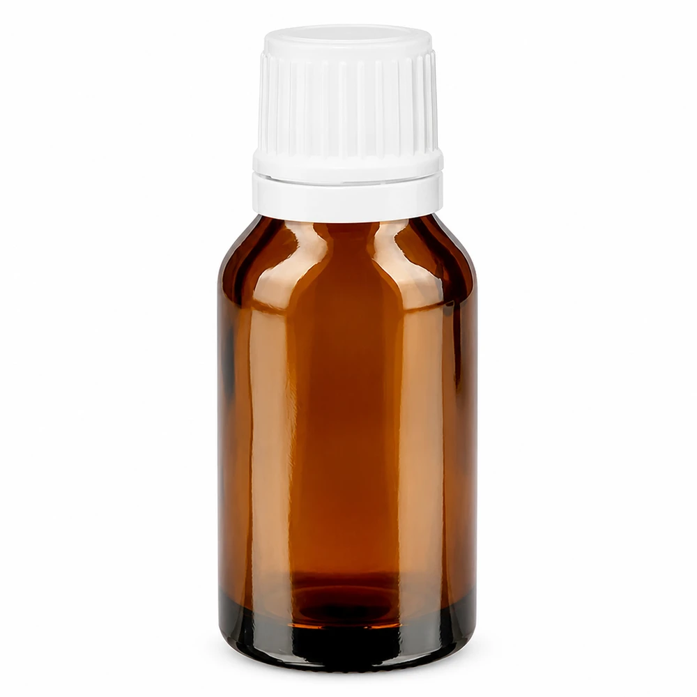 Apoteksflaske brun 15ml dryp v. 1,2 mm hvid OV Brun apoteksflaske på 15 ml med hvid originalitetslukning og en 1,2 mm dråbeindsats af glas