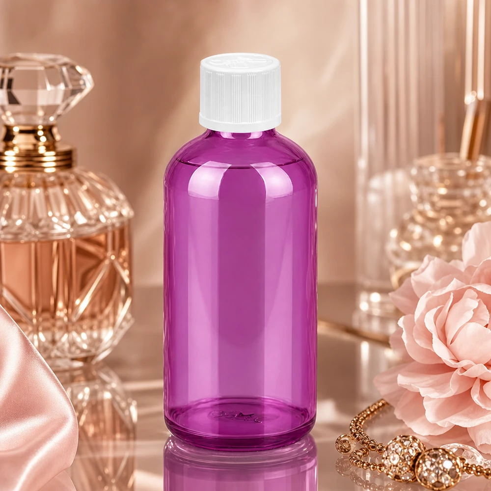 100 ml dråbeflaske 1,2 mm hvid standard børnesikret PurpleLine. UT18/100 Kompakt 100 ml glasflaske i lilla med præcis 1,2 mm dråbehætte til aromaterapi.
