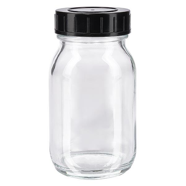 100 ml flaske med bred hals i klart glas med skruelåg