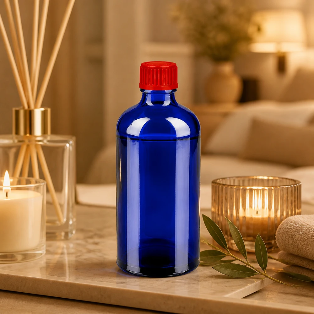 100 ml glasflaske af høj kvalitet i elegant koboltblå med praktisk 11 mm rødt skruelåg
