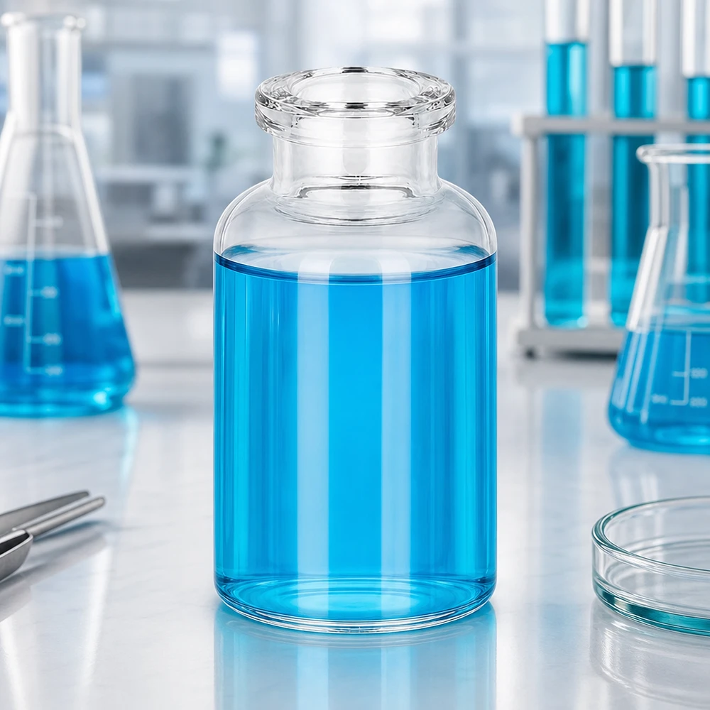Injektionsflaske i klart glas 20 ml Injektionsvial 20ml Klarglas auf weißer Laborbank neben Petrischale und Pinzette
