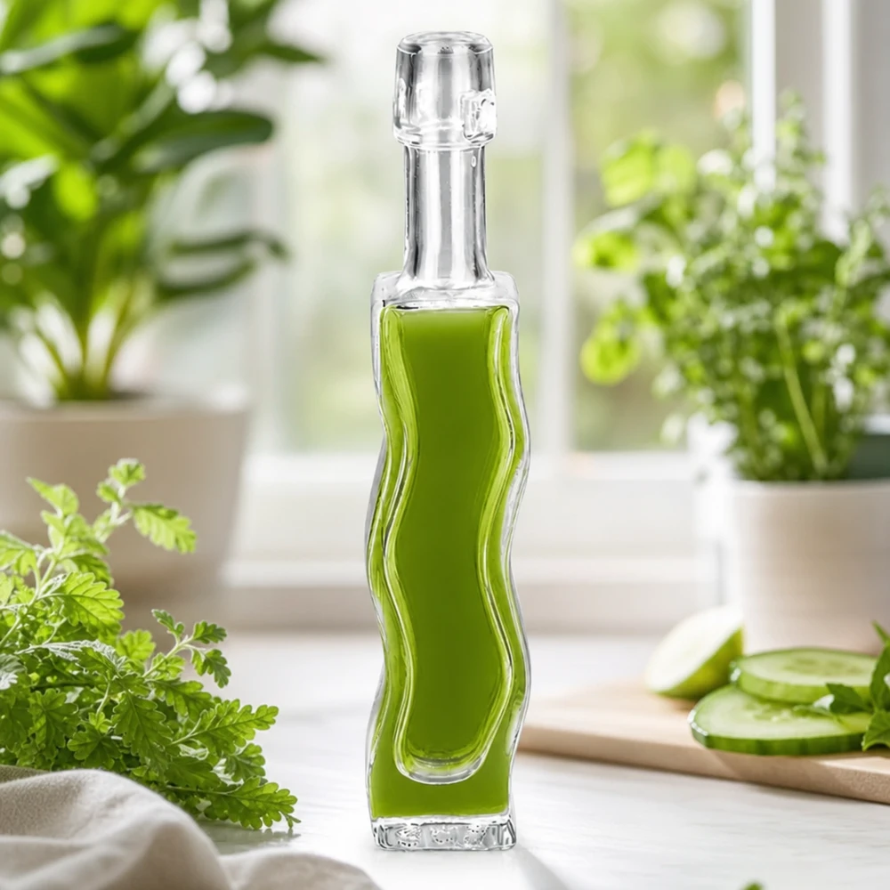 40 ml glasflaske Fila uden hængelåg UNiTWIST® 40 ml glasflaske Anna fyldt med grøn urteekstrakt persille dekoration lys vindueskarm naturlig kosmetik atmosfære