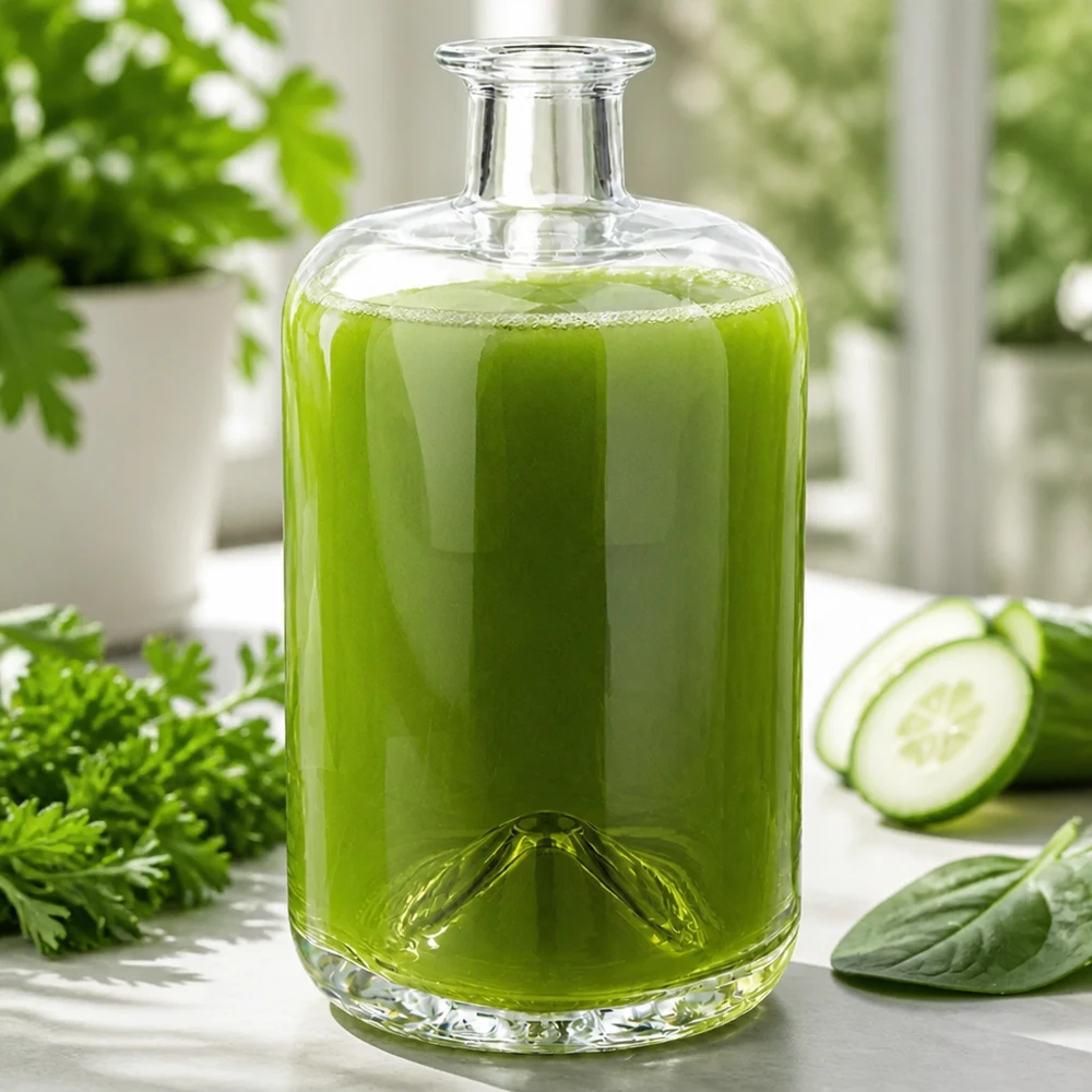 700 ml apoteksflaske »Sofia« uden lukning UNiTWIST® 700 ml glasflaske Sofia fyldt med grøn smoothie ved siden af agurk persille og spinat sund spise scene