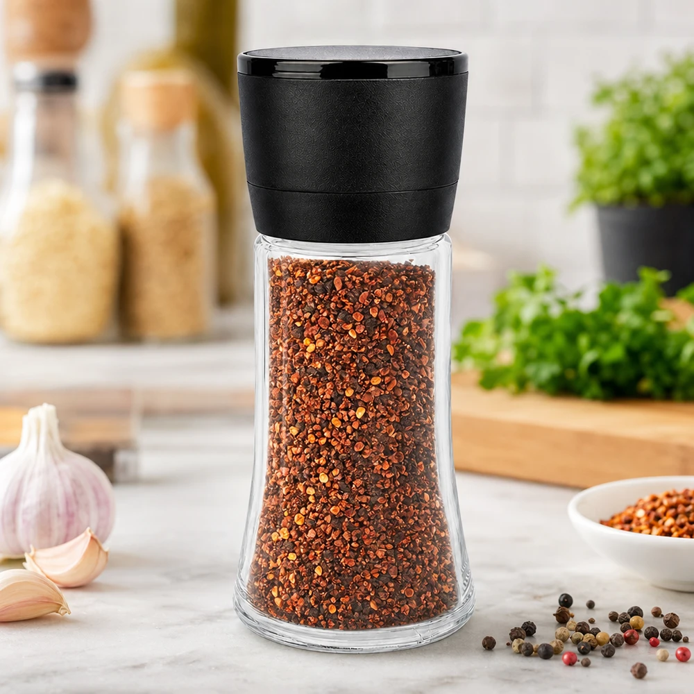 Salt-/krydderikrukke 95 ml med kværn, Vario, sort Schwarze Mühle Vario i en gennemsigtig glasbeholder på 95 ml fyldt med røde chiliflager i et køkkenmiljø