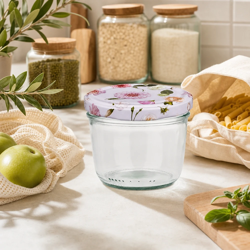 230 ml væltet glas + BasicSeal låg Blume rosa UNiTWIST Tomme 230 ml glas med BasicSeal-låg med pink blomstermønster i bæredygtigt køkkenmiljø med opbevaringskrukker
