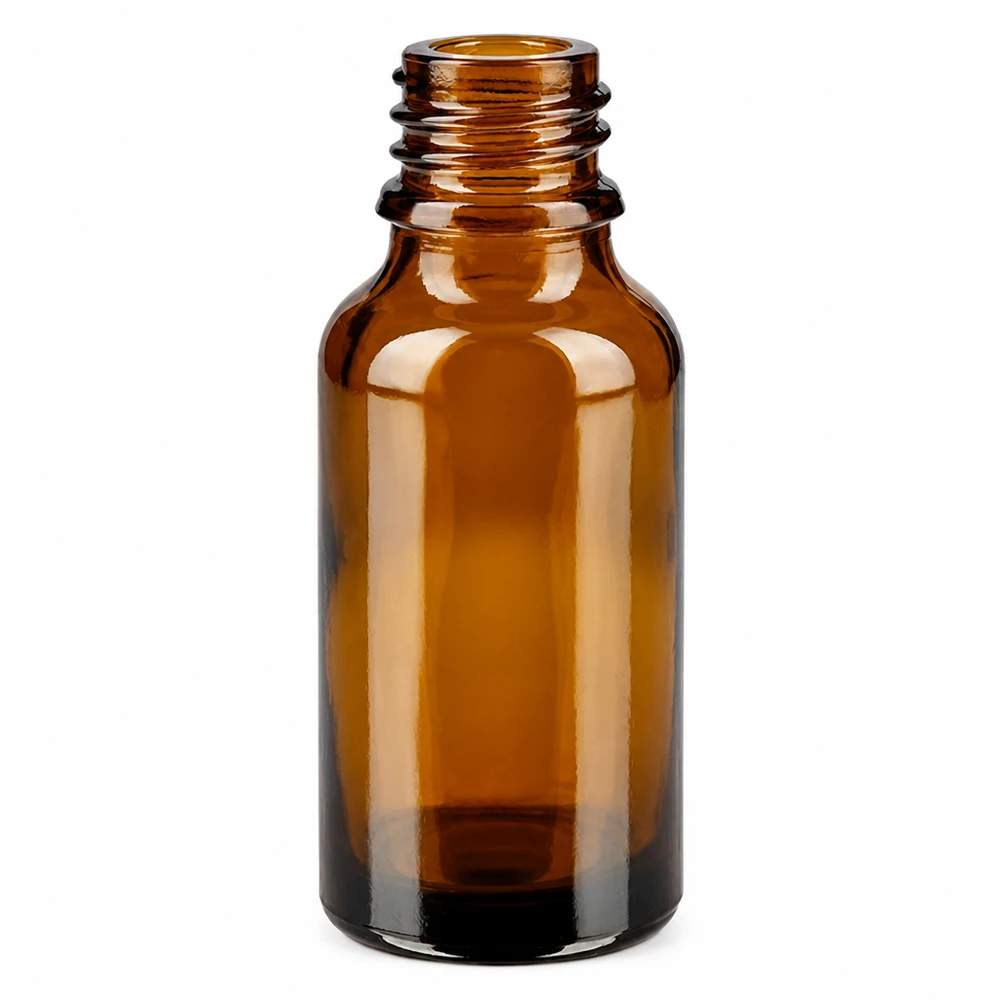 Dropperflaske 20 ml DIN 18 lavet af ravfarvet glas 20 ml brun apoteksflaske, høj form, ApoGlas, tom uden hætte på hvid baggrund