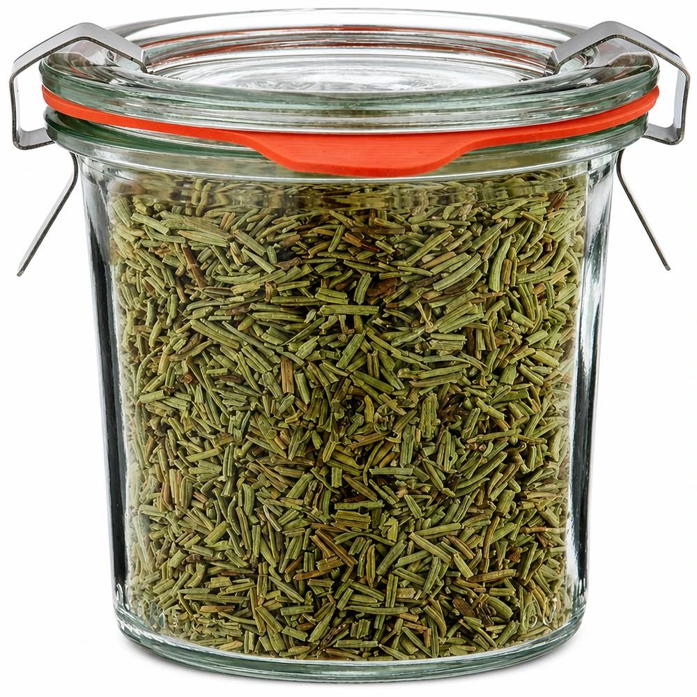 Idé til krydderikrukke: Briller mini mason jar 140 ml WECK Mini-glas 140 ml fyldt med tørret rosmarin og rød gummipakning