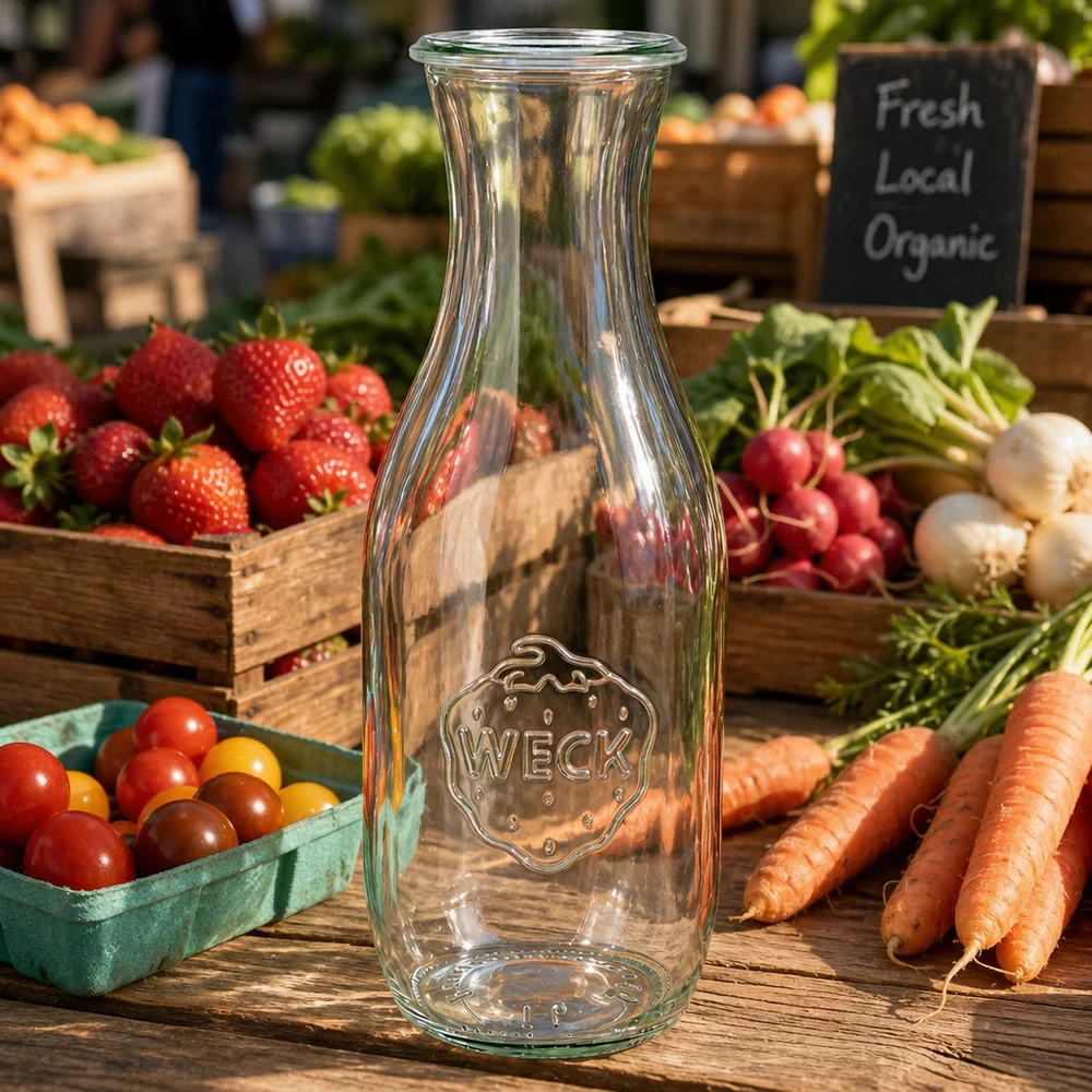 1062 ml saftflaske WECK RR60 WECK juiceflaske 1062ml RR60 på træbord med friske markedsgrøntsager gulerødder radiser tomater og økologisk skilt