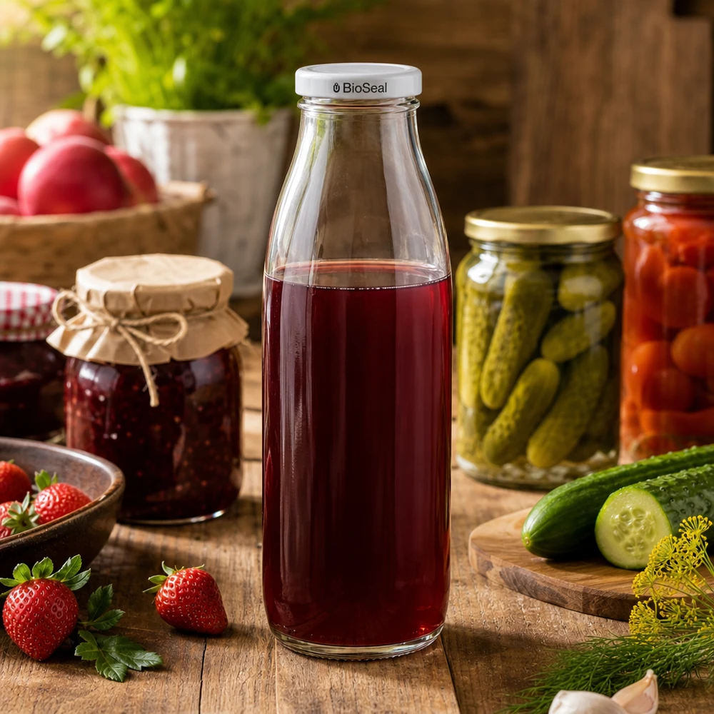 500 ml glasflaske + BioSeal-låg hvid UNiTWIST. Absolut lækagesikker med stort TO48-låg. Til mælk, juice og limonade. 500 ml glasflaske fyldt med rød juice, hvidt BioSeal-låg, omgivet af syltetøjsglas og friske agurker