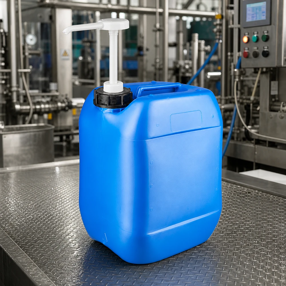 Blå 10-liters industrikanister med doseringspumpe i et moderne produktionsanlæg
