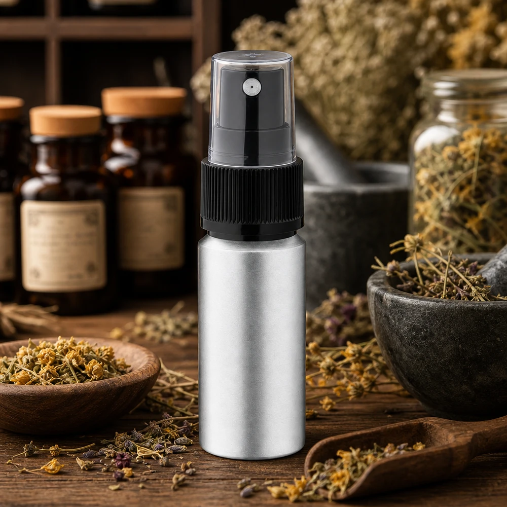 20 ml farvet aluminiumsflaske med forstøver Mat sølvfarvet 20 ml aluminiumsflaske med gennemsigtig spraytilslutning til naturlige urteessenser