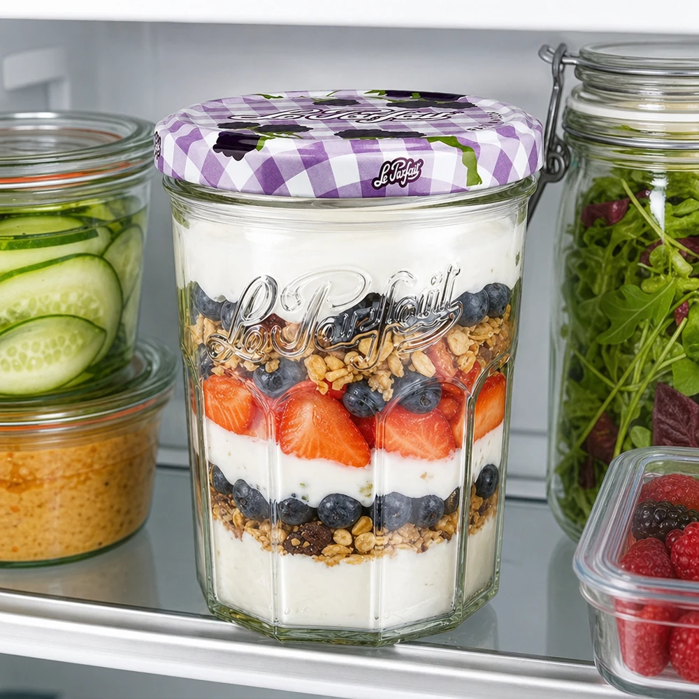 Le Parfait® Jam 385 ml Ø82 mm syltetøjsglas Le Parfait-bægre 385 ml med yoghurt- og bærparfait i køleskabet viser alsidig brug som opbevaringsglas