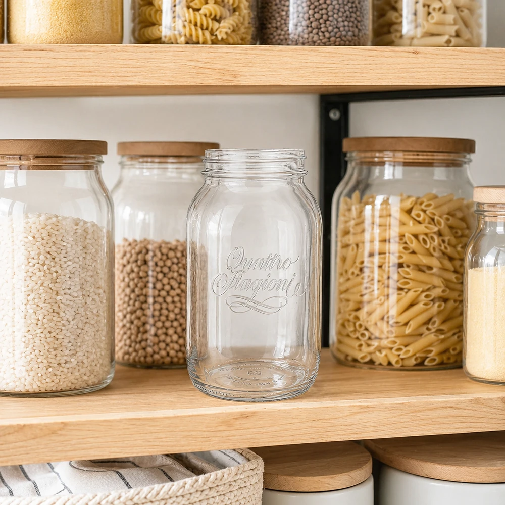 1500 ml husholdningsglas "Quattro Stagioni" 1500 ml Quattro Stagioni husholdningsglas står tomt på en træhylde ved siden af opbevaringsglas fyldt med pasta og bælgfrugter