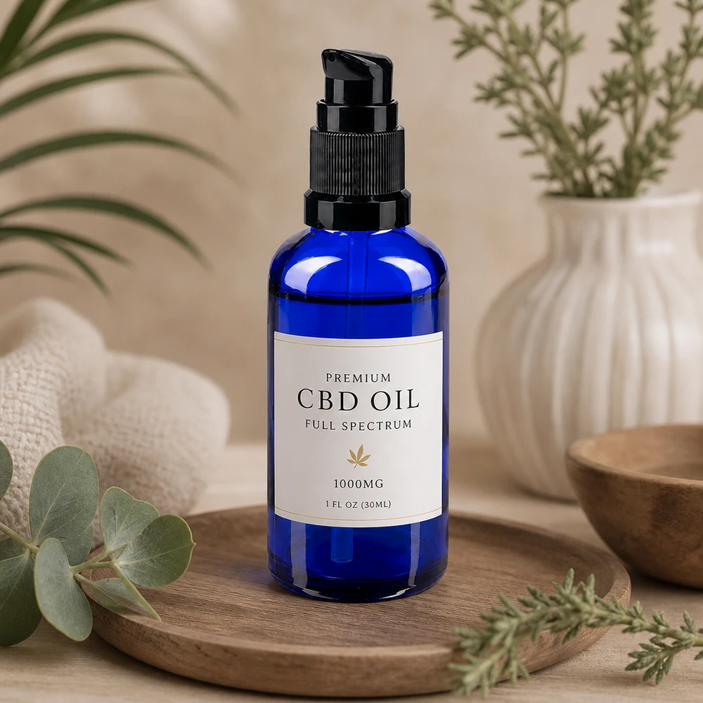 Blå 30 ml glasflaske med sort pumpedispenser til Premium CBD-olie (fuldspektrum)