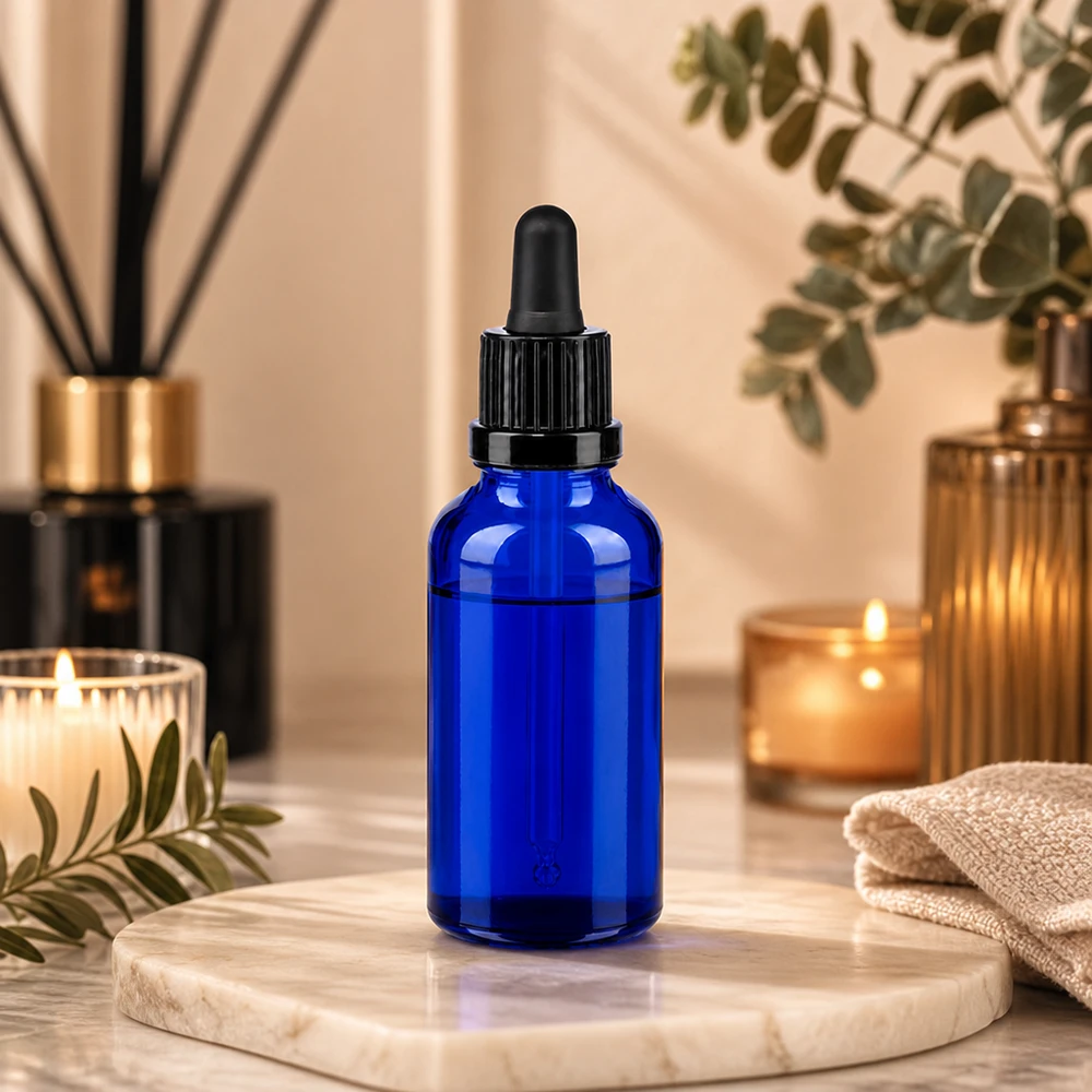 Professionel 30 ml BlueLine-pipetteflaske med UV-beskyttelse takket være blåt glas og sort hætte