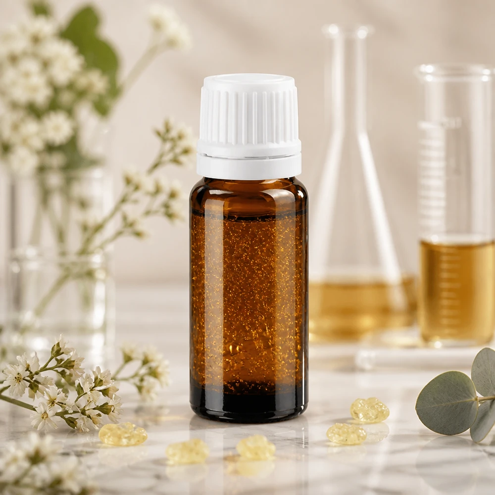 Medicinsk 10 ml dråbeflaske af ravfarvet glas med hvid originalitetslukning