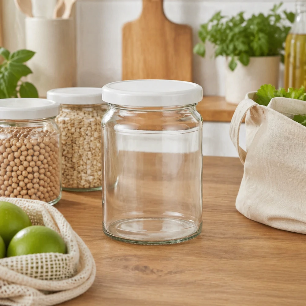 205 ml rund krukke med BasicSeal-låg hvid UNiTWIST 205ml Rundglas UNiTWIST in nachhaltiger Zero-Waste Küche mit Getreide und Öko-Beuteln - umweltfreundliche Vorratshaltung