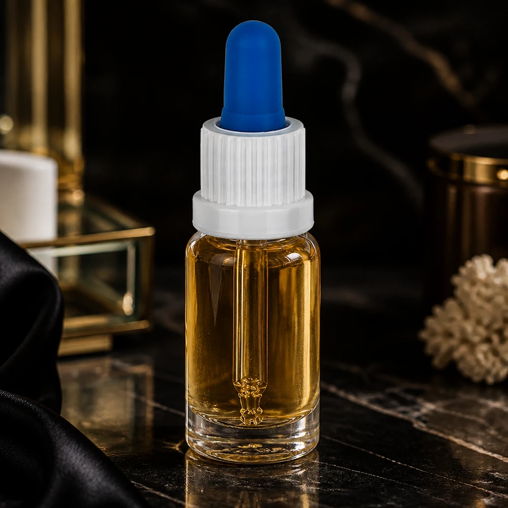 10 ml pipetteflaske hvid/blå OV ClearL. UT18/10 Elegant 10 ml pipetteflaske i klart glas med ravfarvet olie på sort marmorbaggrund