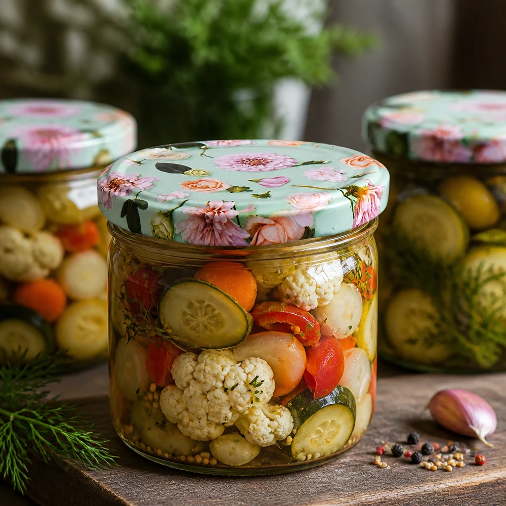260 ml væltet glas + BasicSeal låg Blume mint UNiTWIST 260 ml mintglas med BasicSeal-blomsterlåg fyldt med syltede blandede grøntsager og krydderier som konserves