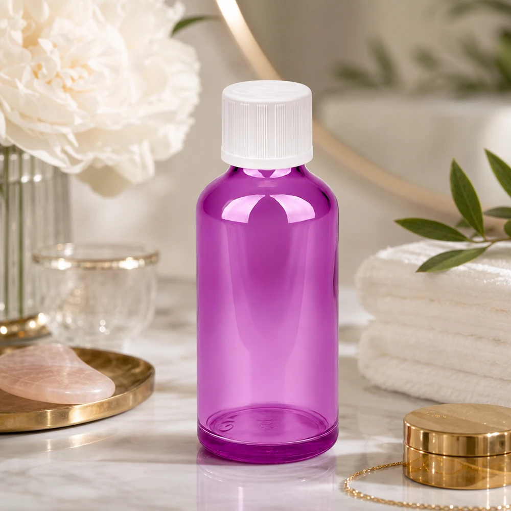 50 ml dråbeflaske 1,2 mm hvid Standard børnesikret PurpleLine.UT18/50 Elegant 50 ml dråbeflaske i lilla med en slank form til stilfuld produktpræsentation