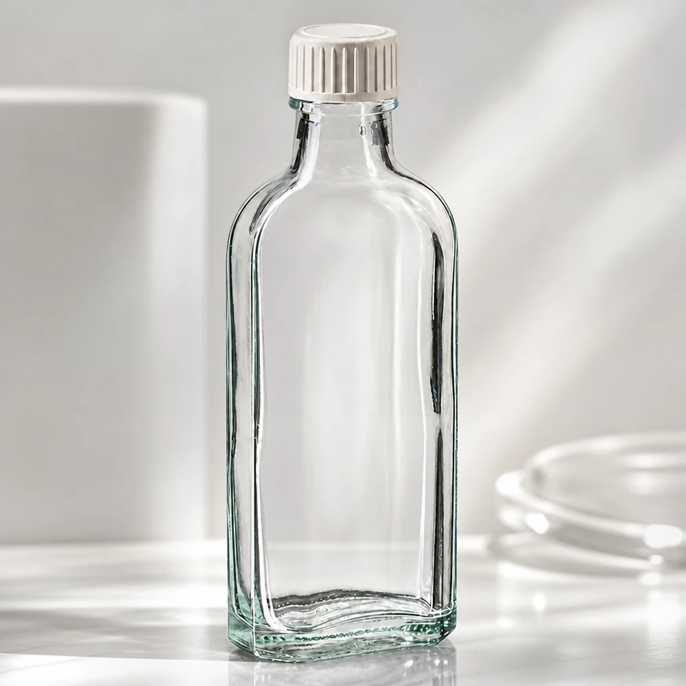 Gennemsigtig 100 ml glasflaske med affladet form og hvid PE-skruelåg