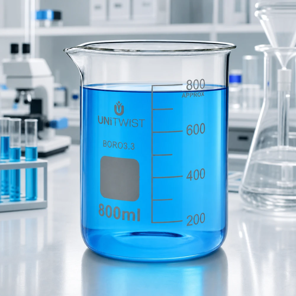 Bægerglas 800 ml borosilikat, lav form UNiTWIST UNiTWIST 800 ml bägerglas af borosilikatglas, lav model, med blå væske i laboratoriet