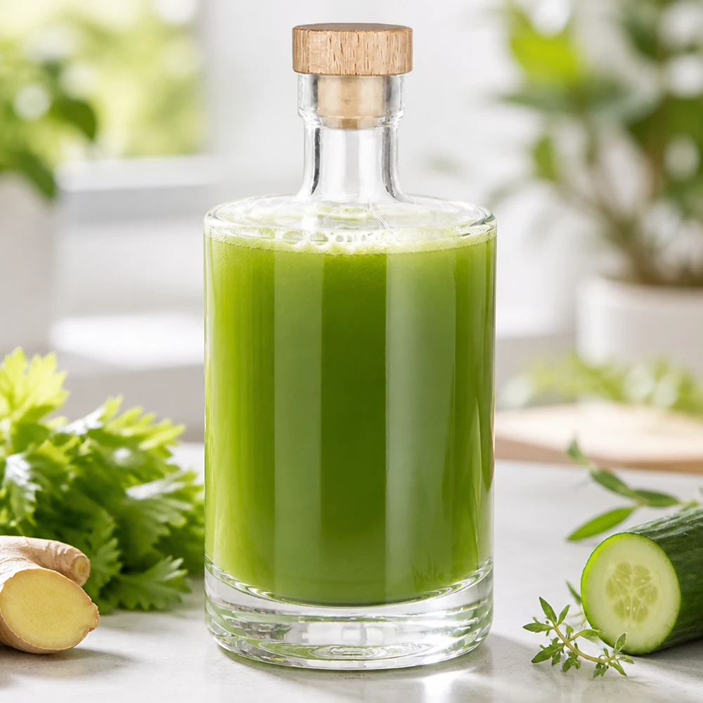 500 ml glasflaske 500ml Glasflasche "Marie" mit Holzgriff-Korken UNiTWIST med træhåndtag UNiTWIST® 500 ml glasflaske Marie fyldt med grøn grøntsagsjuice - korkprop af træ - livsstilsfoto med agurk og ingefær