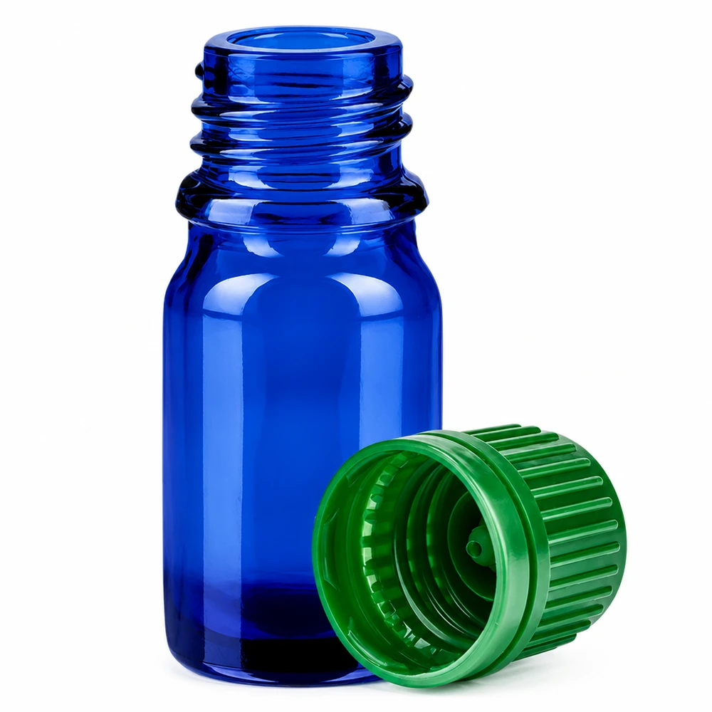 5 ml flaske 11 mm SV grøn OV BlueLine UT18/5 Blå 5 ml aromaterapiflaske med grønt låg til duftolier og essenser