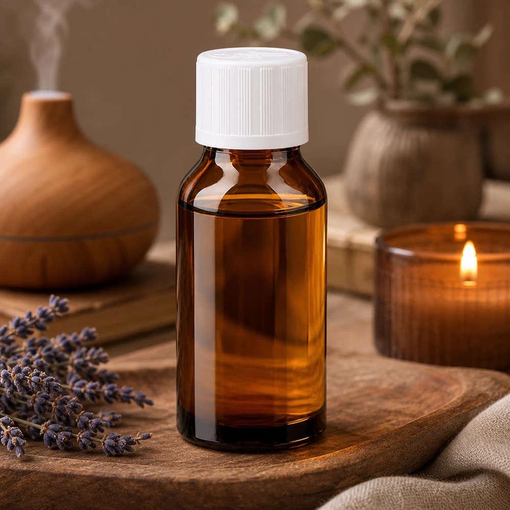 Aromaterapi-flaske i brunt glas, 15 ml, med hvid børnesikring ved siden af et stearinlys og lavendel