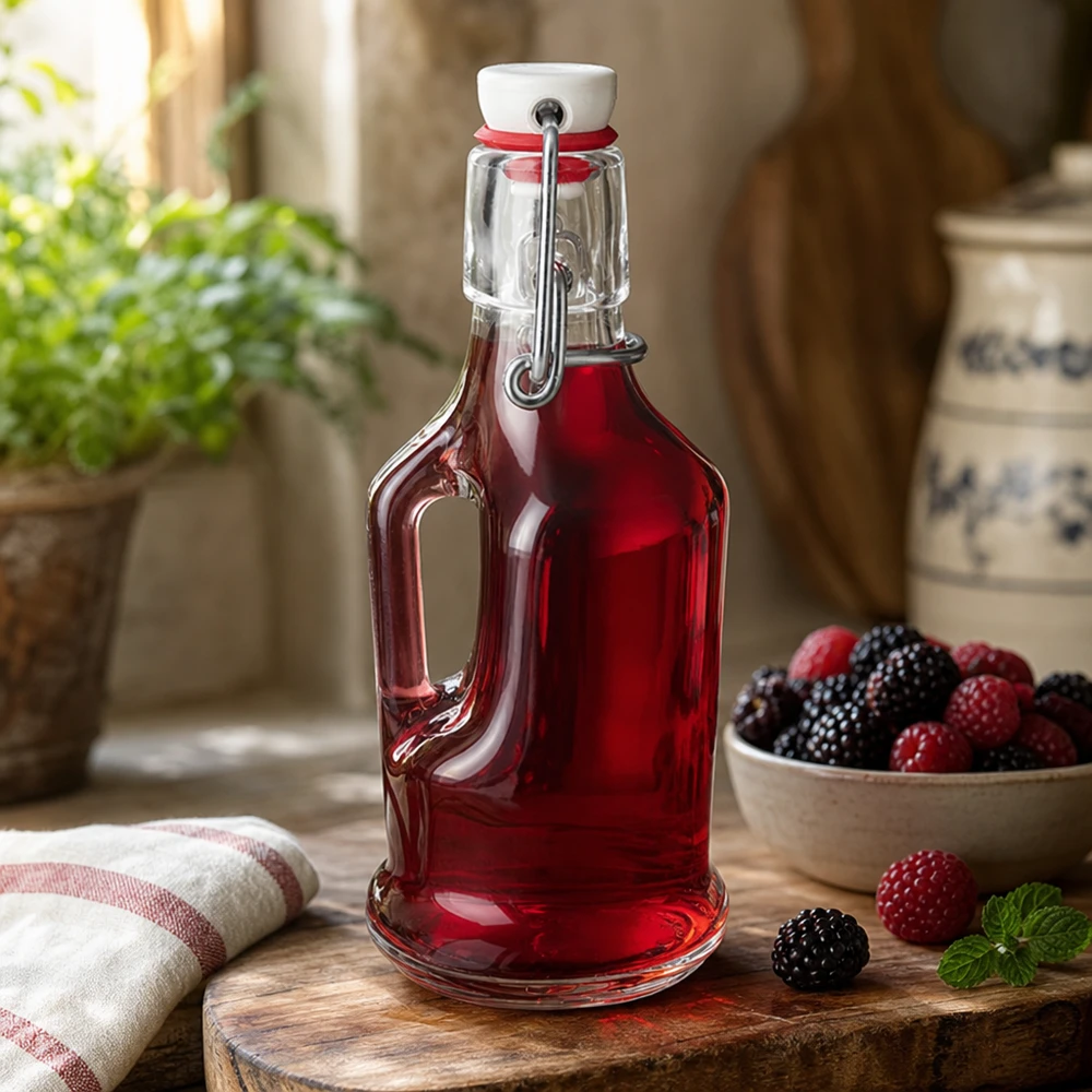 200 ml glasflaske »Bertha« og porcelænshængelåg UNiTWIST® 200 ml glasflaske Bertha med fyld af røde bær livsstilsscene køkkenatmosfære porcelæn swing top UNiTW