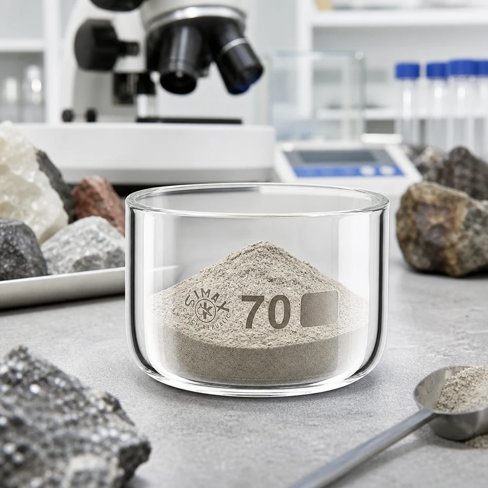 Krystalliseringsskål 100 ml uden tud Borosilikat Simax-krystalliseringsskål, 70 mm, med gråt mineralpulver på laboratoriebordet ved siden af stenprøver og mikroskop