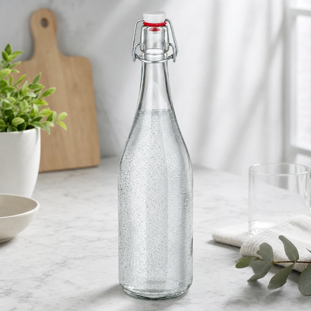 750 ml glasflaske og hængelåg i PVC UNiTWIST 750 ml glasflaske med svingtop fyldt med danskvand Køkkenindretning marmorbordplade moderne