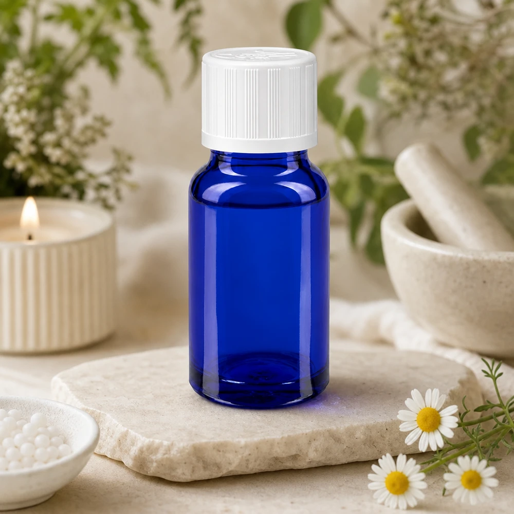 Blå apotekerflaske på 10 ml med hvid KiSi-prop på en stenplade ved siden af kamilleblomster