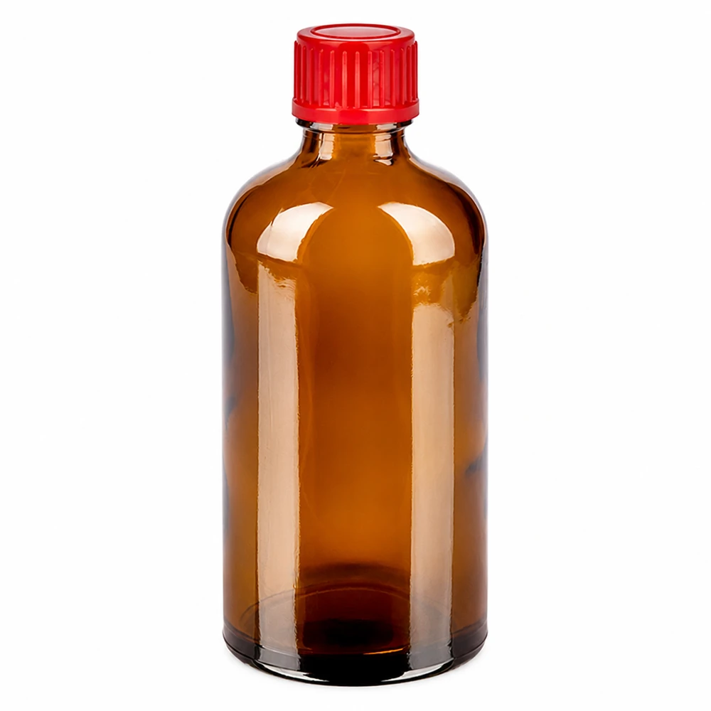 100 ml flaske 11 mm SV rød STD BrownLine UT18/100 100 ml ravfarvet glasflaske med rødt skruelåg til medicin og kemikalier