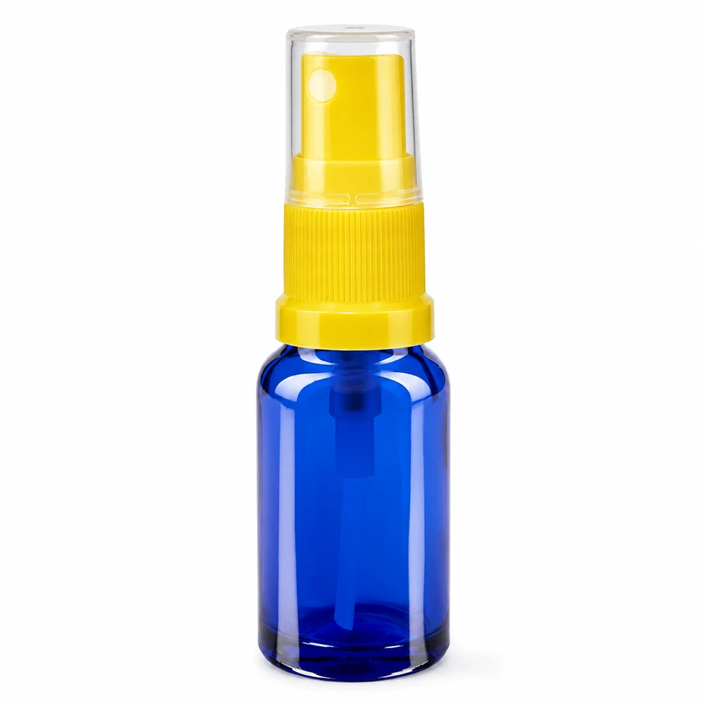 Apotekerflaske blå 10 ml spraytilbehør gul 10 ml blå glasflaske med sprayhoved med gul pumpe og gennemsigtig beskyttelseskappe, ApoGlas STD