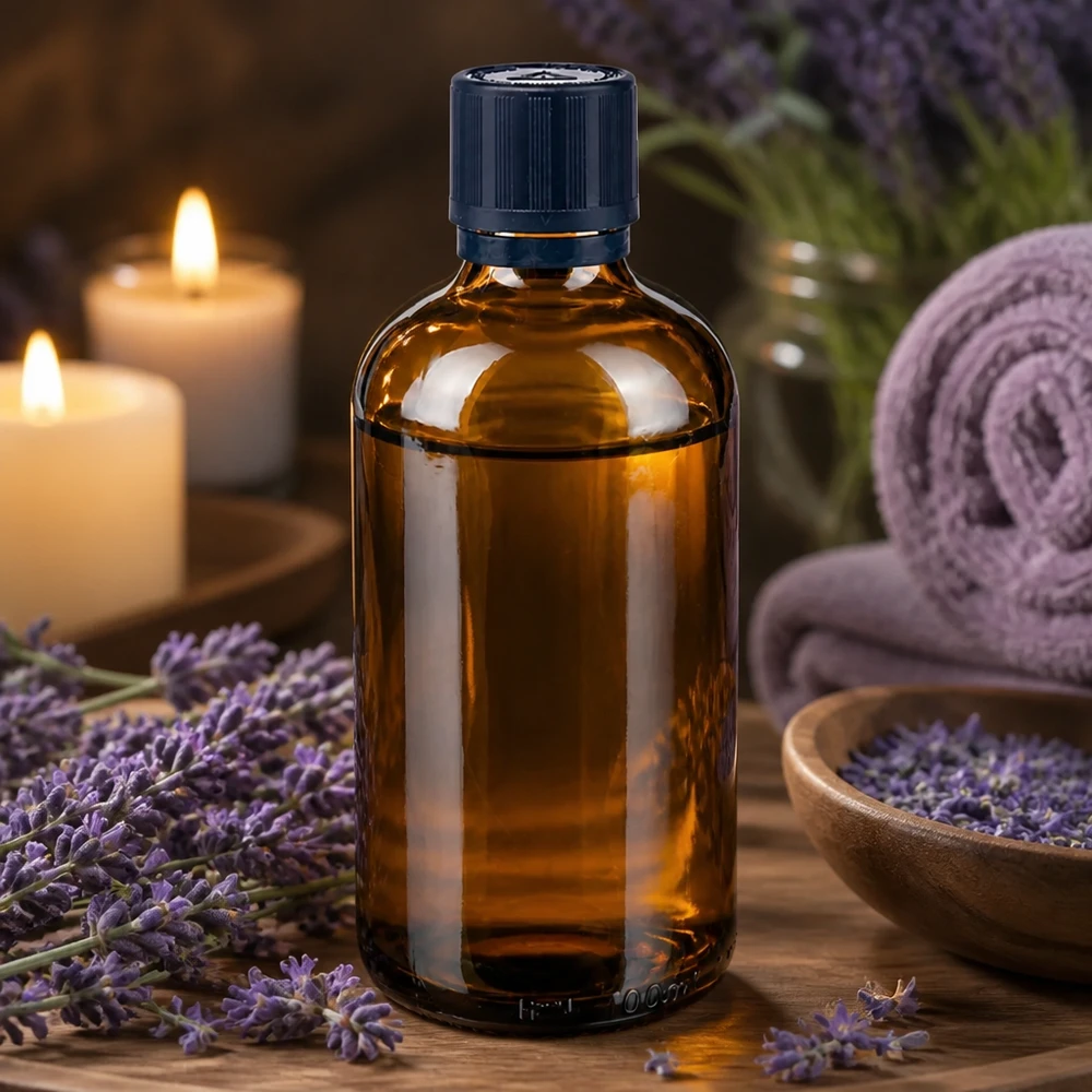 Brun apotekerflaske på 100 ml med blå skruelåg mellem lavendelblomster og stearinlys