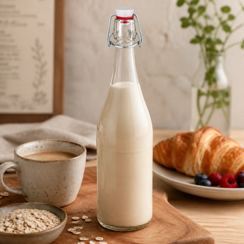 750 ml glasflaske og hængelåg i PVC UNiTWIST 750 ml glasflaske med svingtop fyldt med mælk Køkkenscene morgenmadscroissant havreflager naturel