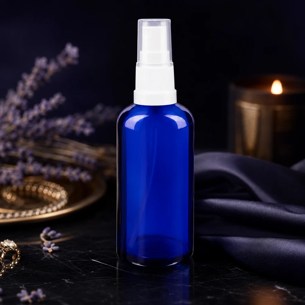 50 ml apotekersprayflaske i koboltblå med hvid pumpespray foran en lavendel-dekoration