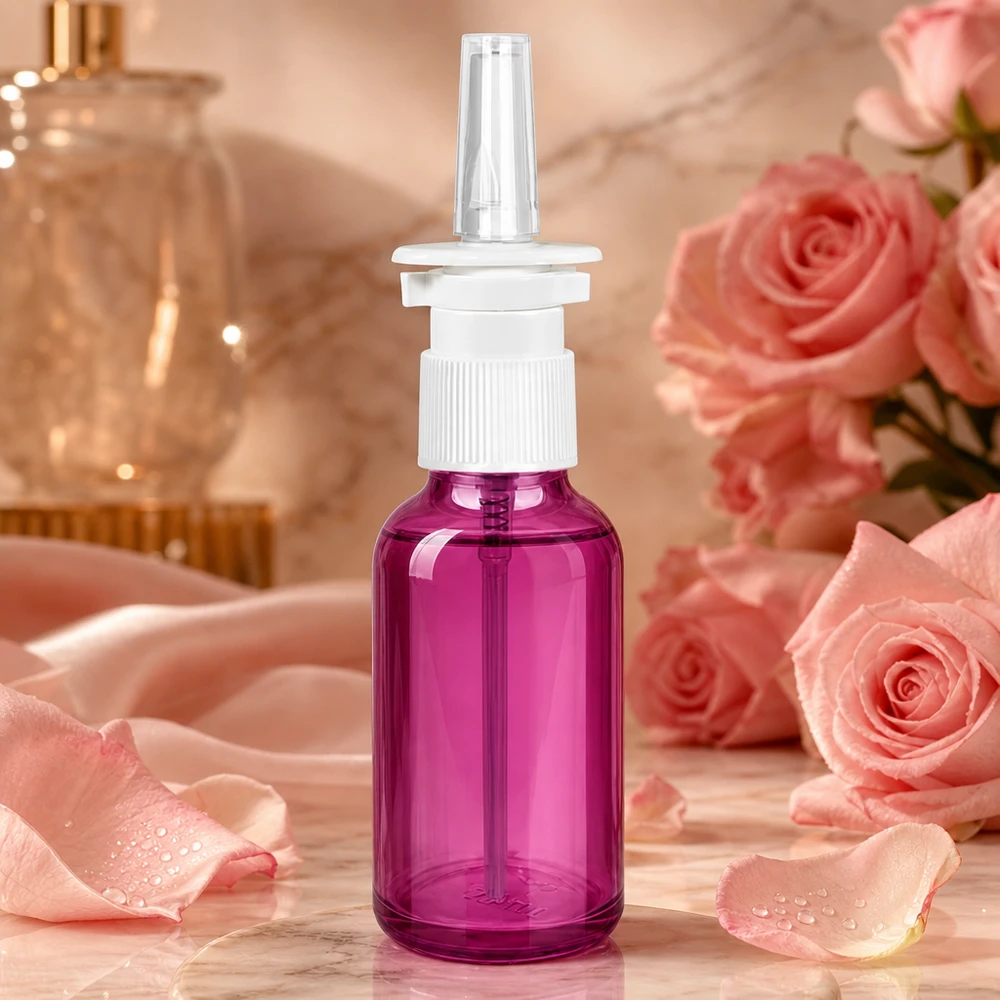 30 ml næsesprayflaske hvid/transparent standard PurpleLine. UT18/30 Praktisk 30 ml næsesprayflaske i elegant lilla look med ergonomisk hvidt pumpesprayhoved