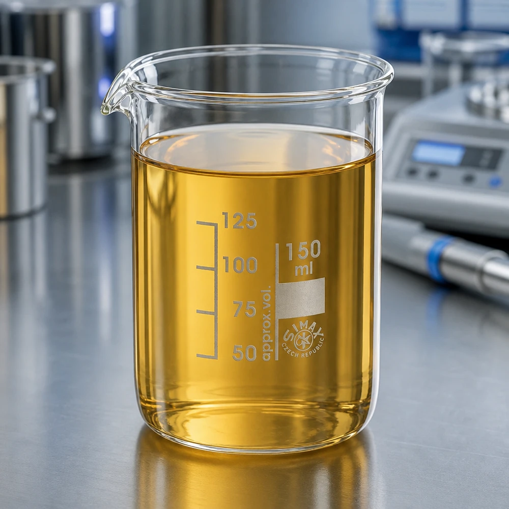 Bægerglas 150 ml borosilikatglas, lav form Kemibæger 150 ml lav form med ravfarvet opløsning på laboratoriearbejdsstation