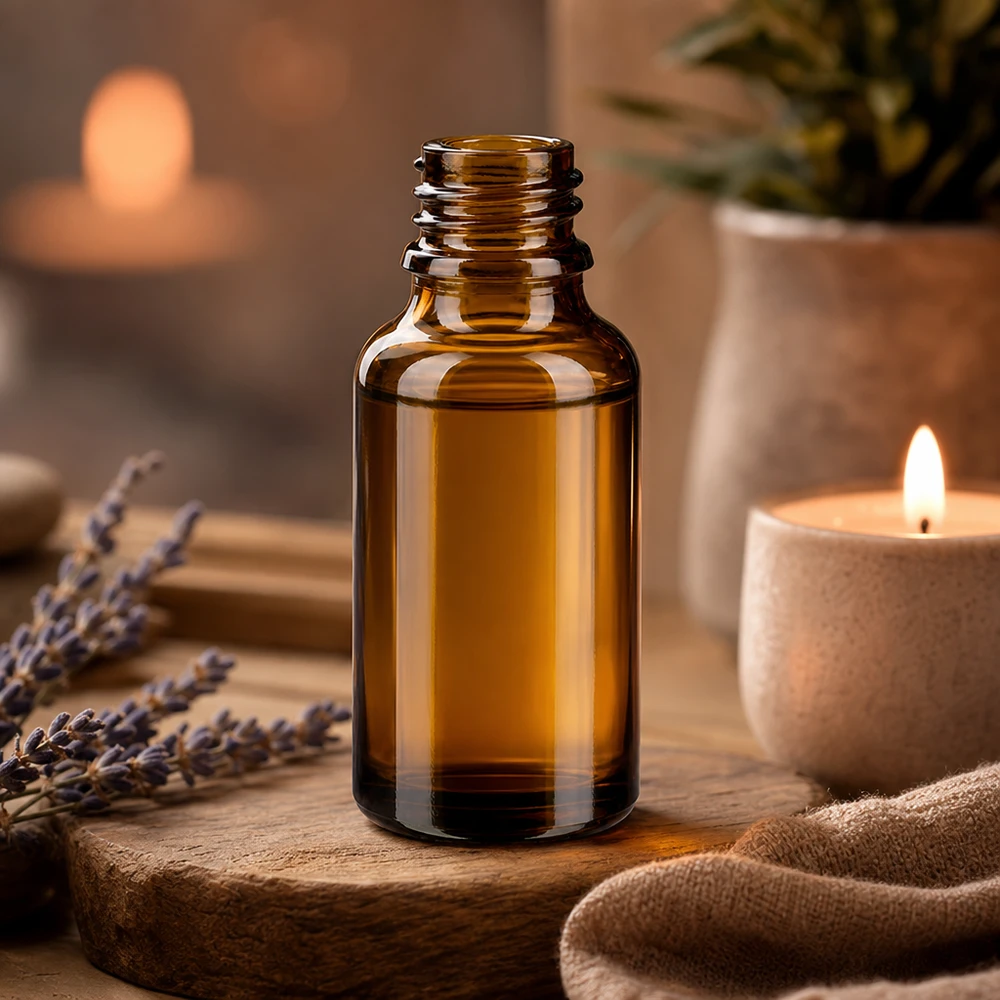 Dropperflaske 30 ml DIN 18 ravfarvet glas LOW SHAPE 30 ml brun ApoGlas-flaske til æteriske olier med lavendel-aromaterapisæt og brændende lys