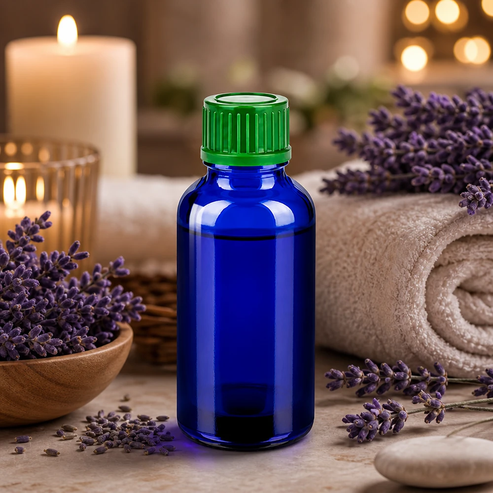 30 ml BlueLine-glasflaske med grøn standardhætte til aromaterapi og kosmetik