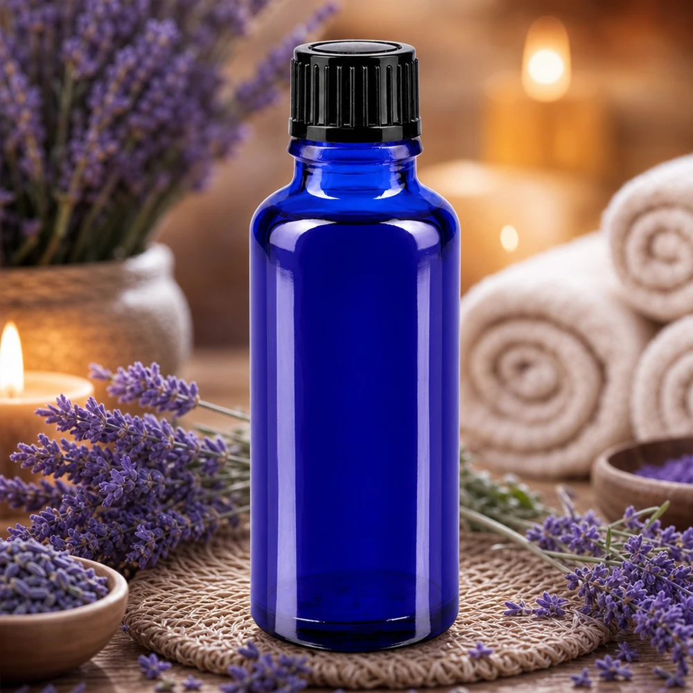 Blå glasflaske på 30 ml med sort låg, omgivet af lavendelblomster og stearinlys