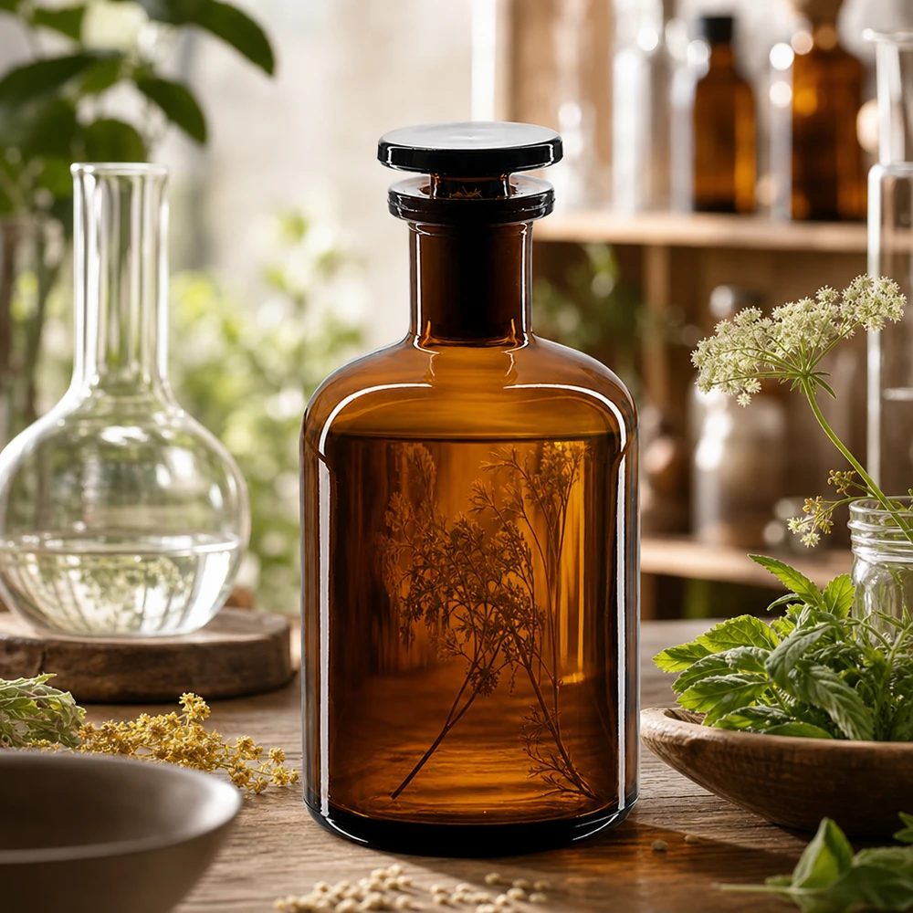 Rund skulderflaske 100 ml brun glasprop med smal hals Smalhalset laboratorieflaske, 100 ml, brun, med glasprop, på et træbord med lægeurter
